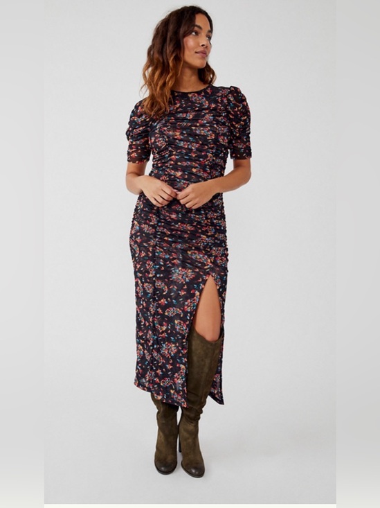 Free People Dresses & Skirts - Free People Briella Ruched Mesh Midi Dress -"Twilight Combo" print, euc, sz M